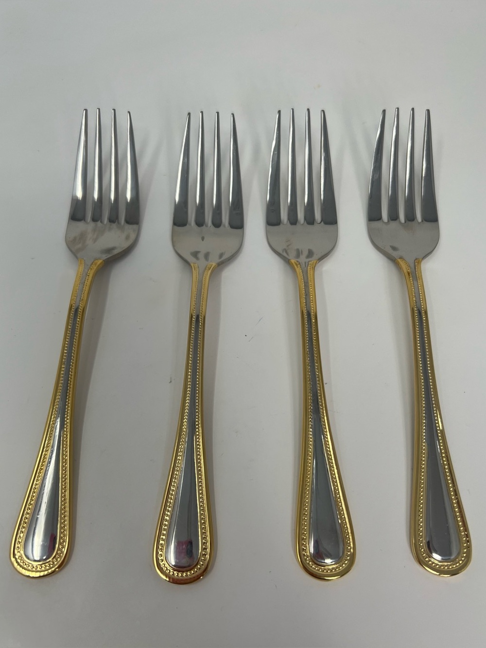 Lot of 4 Wallace Gold Royal Bead Salad Forks 6 1/4" Stainless Gold Accent Vtg